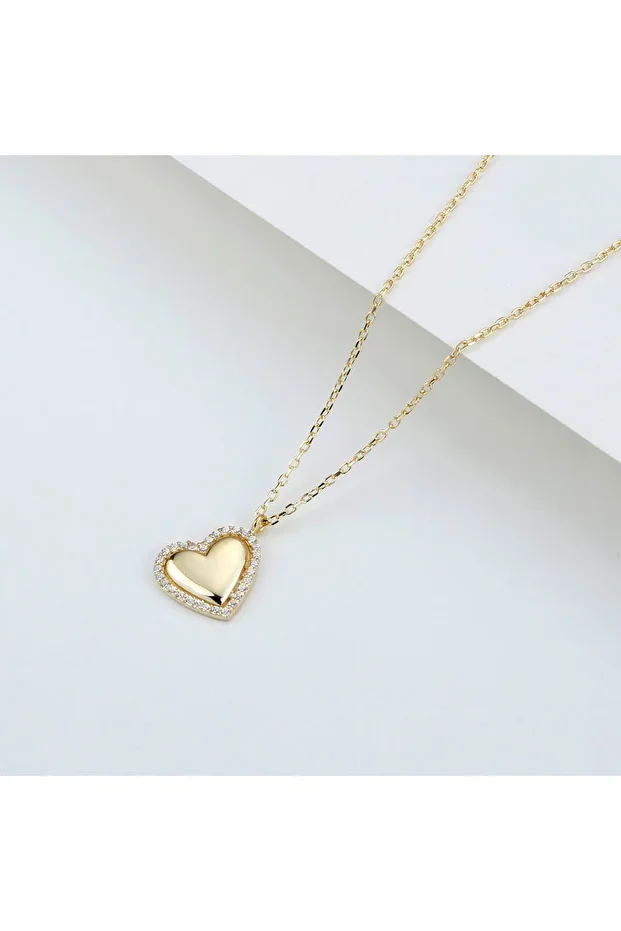 Gümüş Minimal Taşlı Kalp Gold Kolye