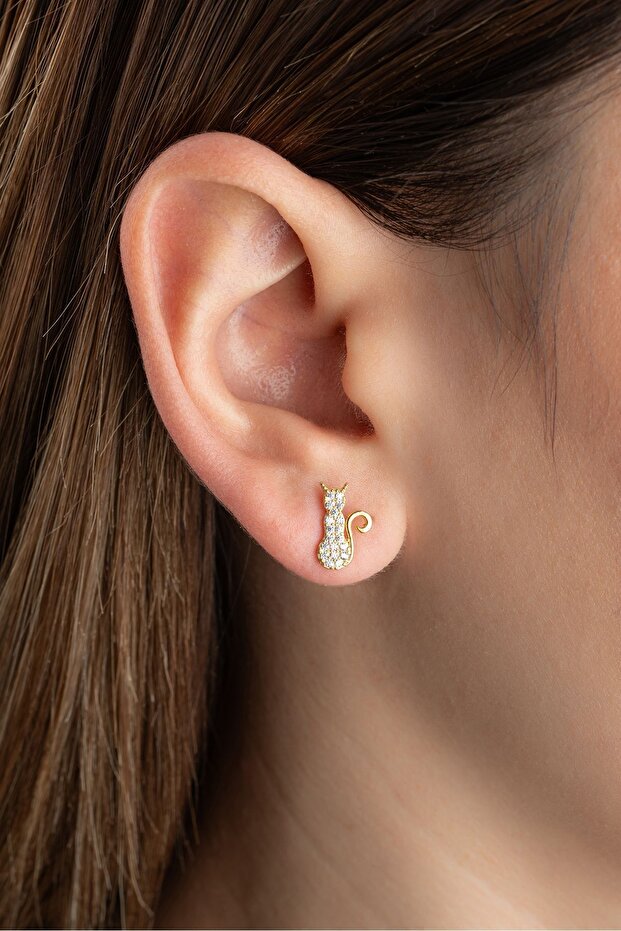 Gümüş Gold Çivili Kedi Küpe