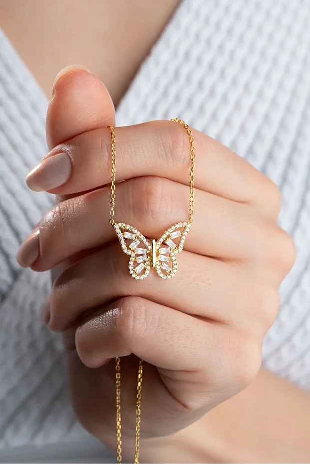 Gümüş Gold Baget Kelebek Kolye