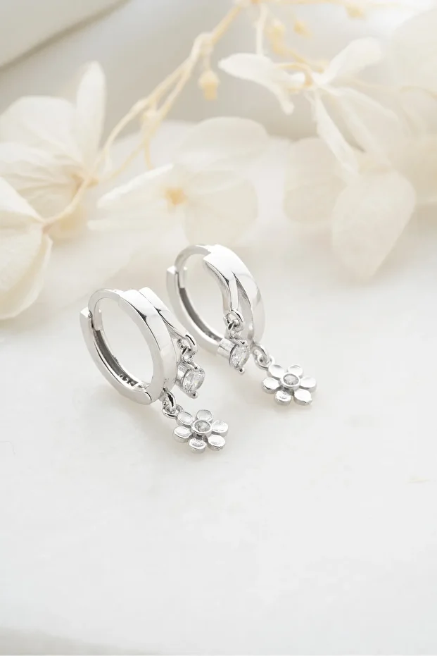 Gümüş Çift Çiçek Taşlı Küpe