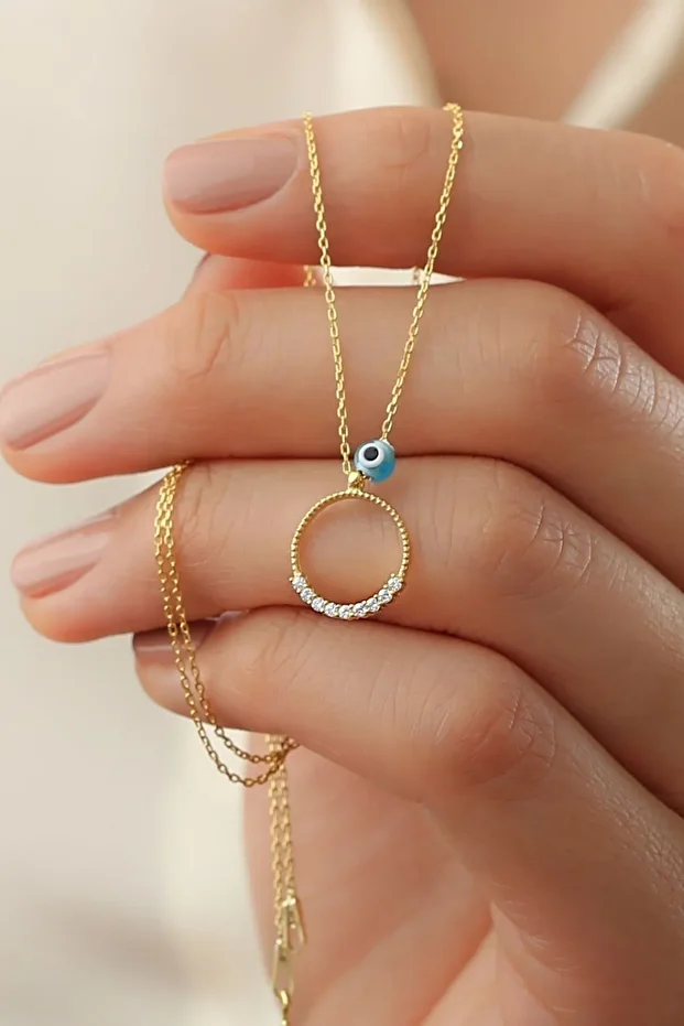 Gold Zirkon Taşlı Nazarlı Halka Gümüş Kolye