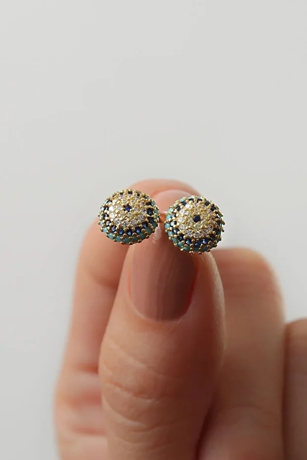 Gümüş Gold Çivili Nazarlı Göz Küpe