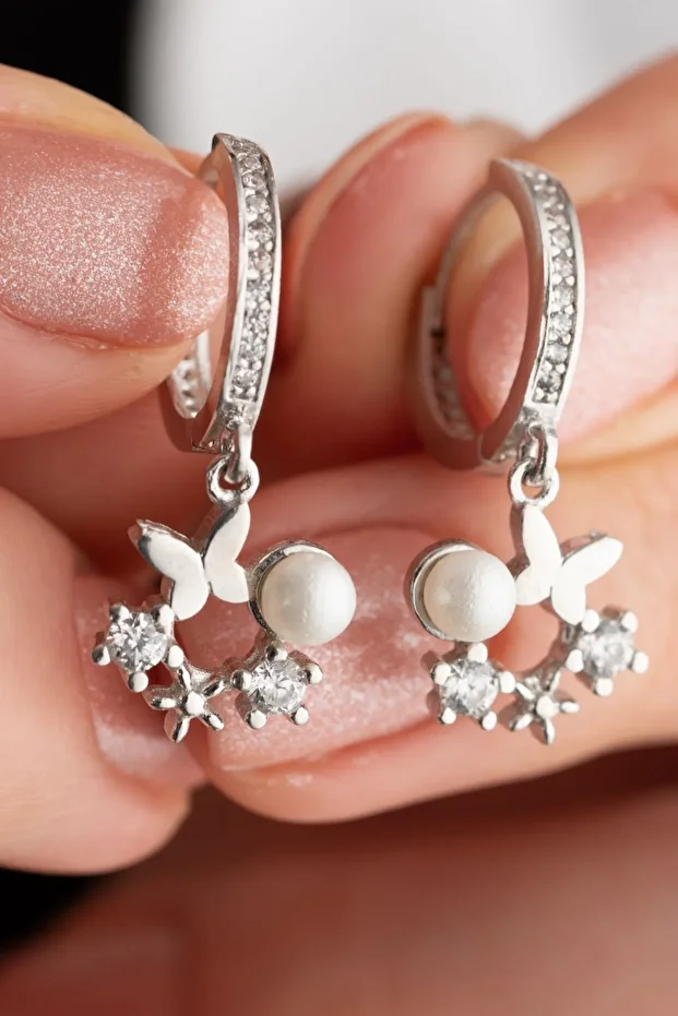 Gümüş İncili Kelebek Küpe