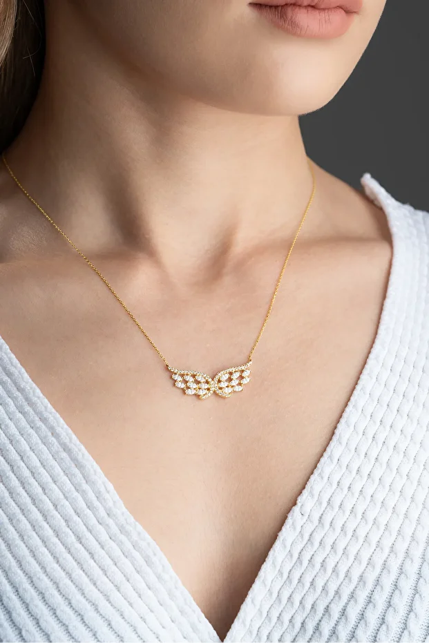 Gümüş Gold Baget Taşlı Kanat Kolye