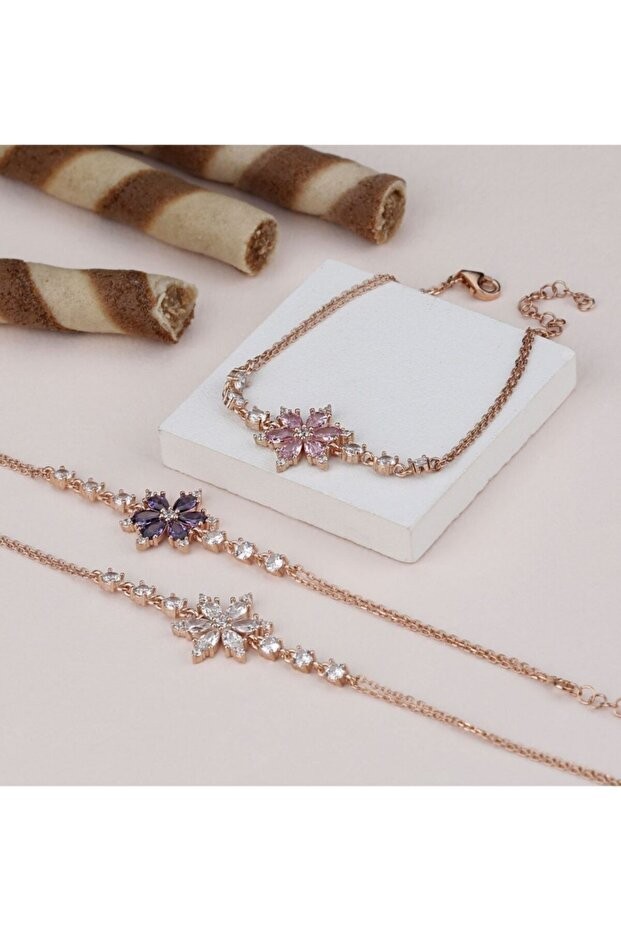 Rose Mor Taşlı Lotus Gümüş Bileklik
