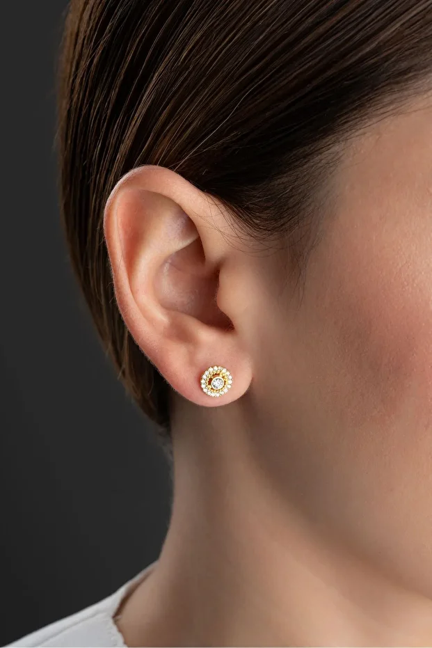 Gümüş Gold Taşlı Minik Çivili Küpe