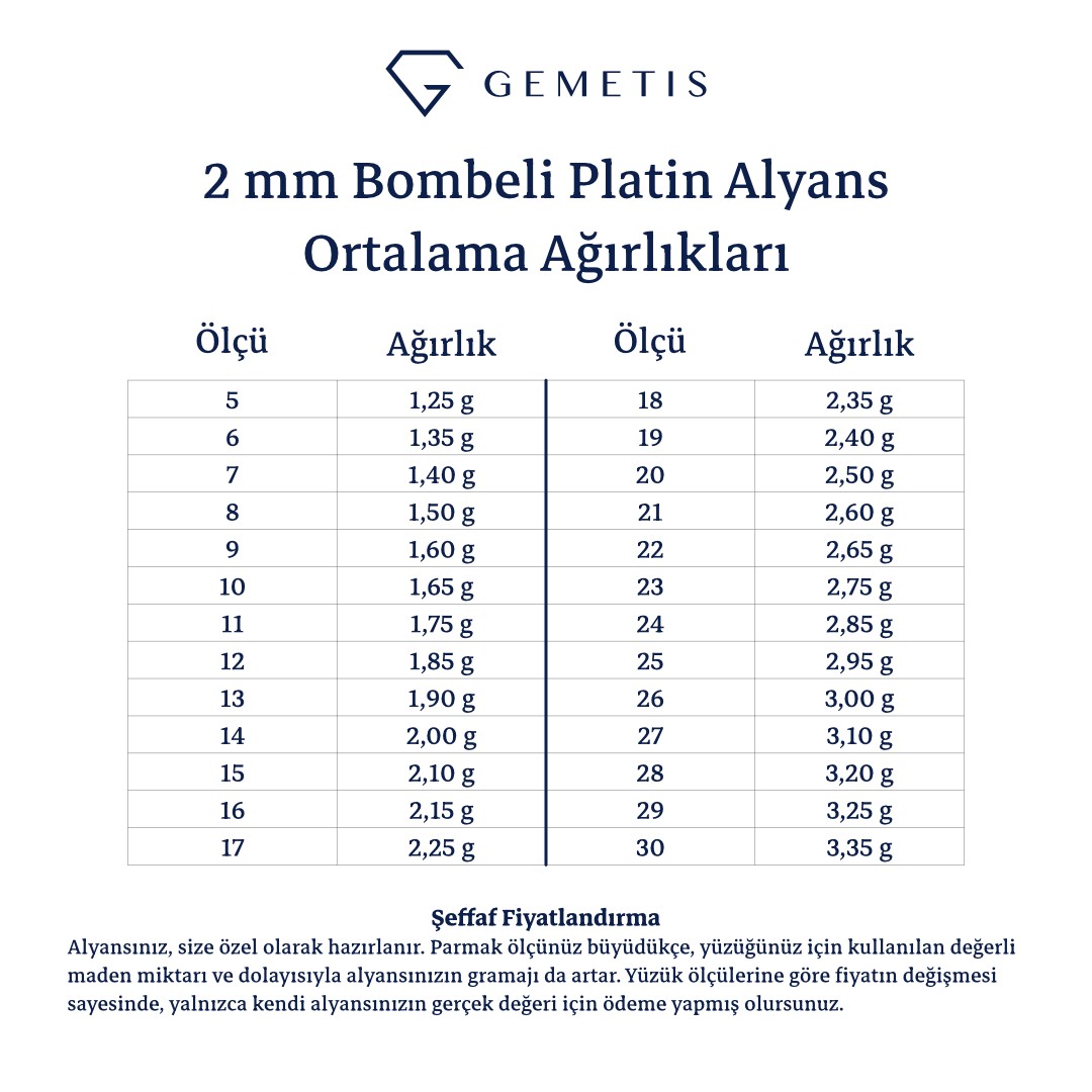 2 mm Klasik Bombeli İçi Dolu Platin Alyans