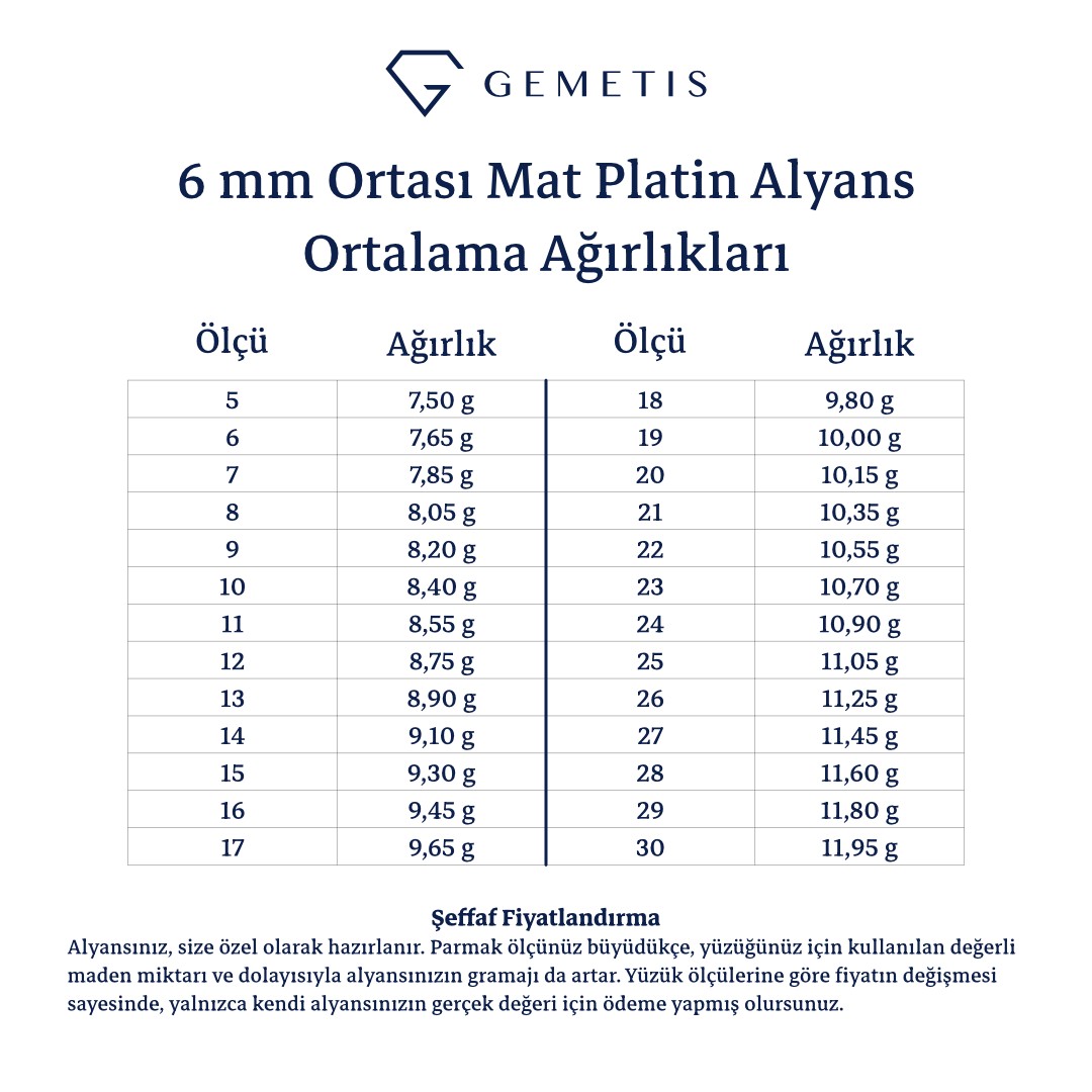 6 mm Ortası Mat İçi Dolu Platin Alyans