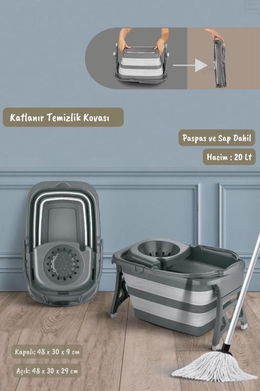Katlanır Temizlik Kovası Katlanabilir Mop 20 Litre Sap ve Paspas Dahil
