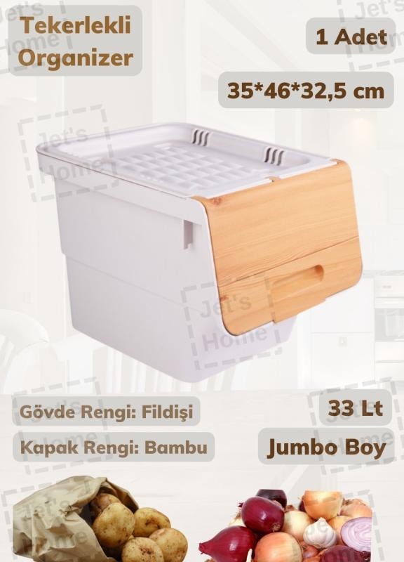 Tekerlekli Sebzelik BPA Free Soğanlık Oyuncaklık Organizer Bambu Desen 33 Lt