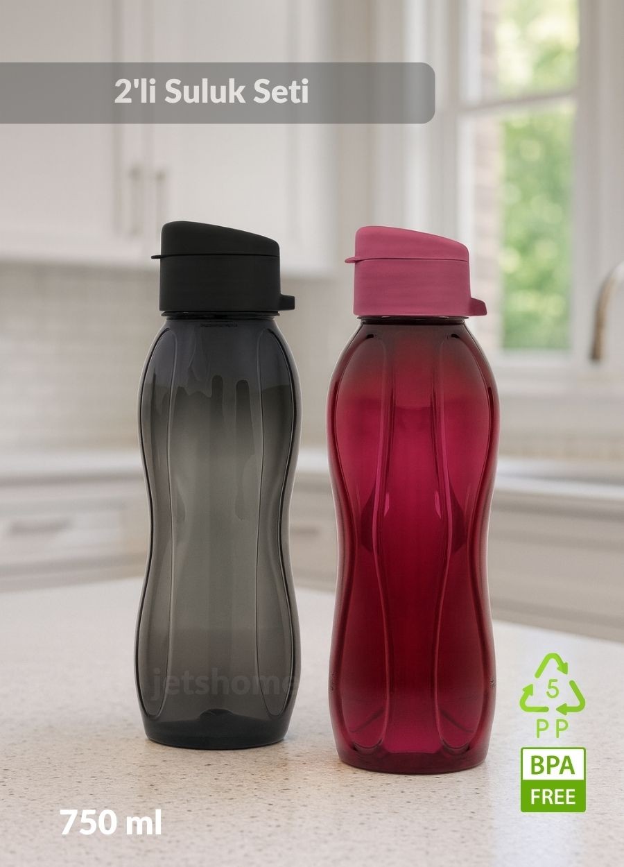 2’li Okul Matarası Seti BPA FREE Öğrenci Suluğu Kokusuz Suluk Siyah Bordo 750 ml
