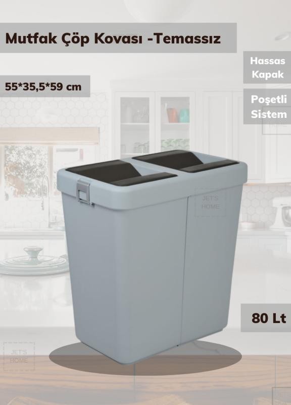 Çöp Kovası Bas Çek Mutfak Banyo Çöp Kutusu Gri 80 Litre