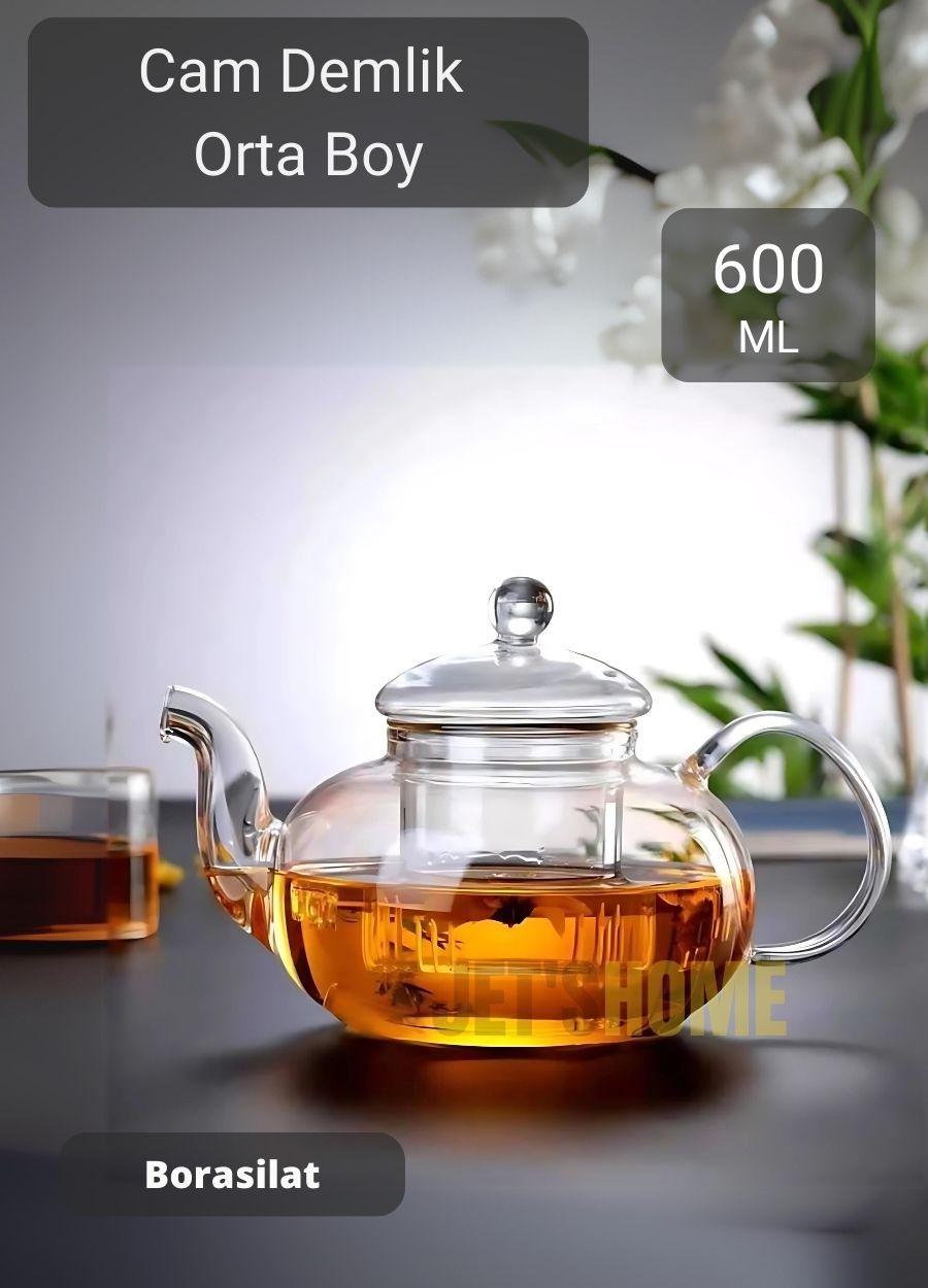 Cam Demlik Şeffaf Süzgeçli Demlik Isıya Dayanıklı Bitki Çayı Demliği Borosilat 600 ml