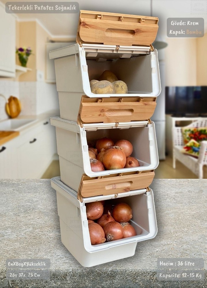 3’lü Tekerlekli Patateslik Soğanlık BPA Free Erzak Kutusu Sebzelik Oyuncaklık Bambu Desen 36 Lt