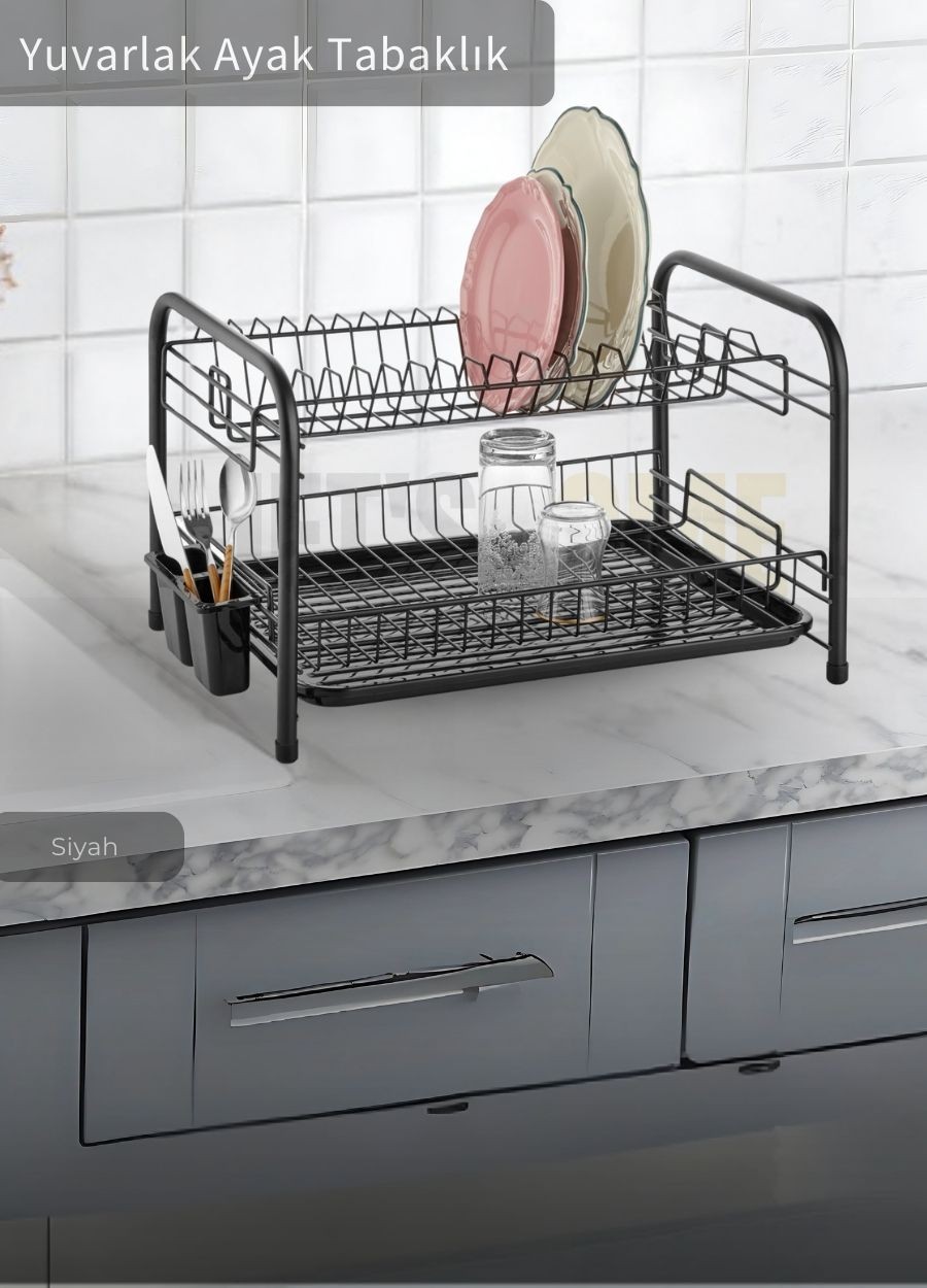 2 Katlı Bulaşıklık Tezgah Üstü Tabaklık BPA FREE Bulaşık Sepeti Yuvarlak Ayak Siyah
