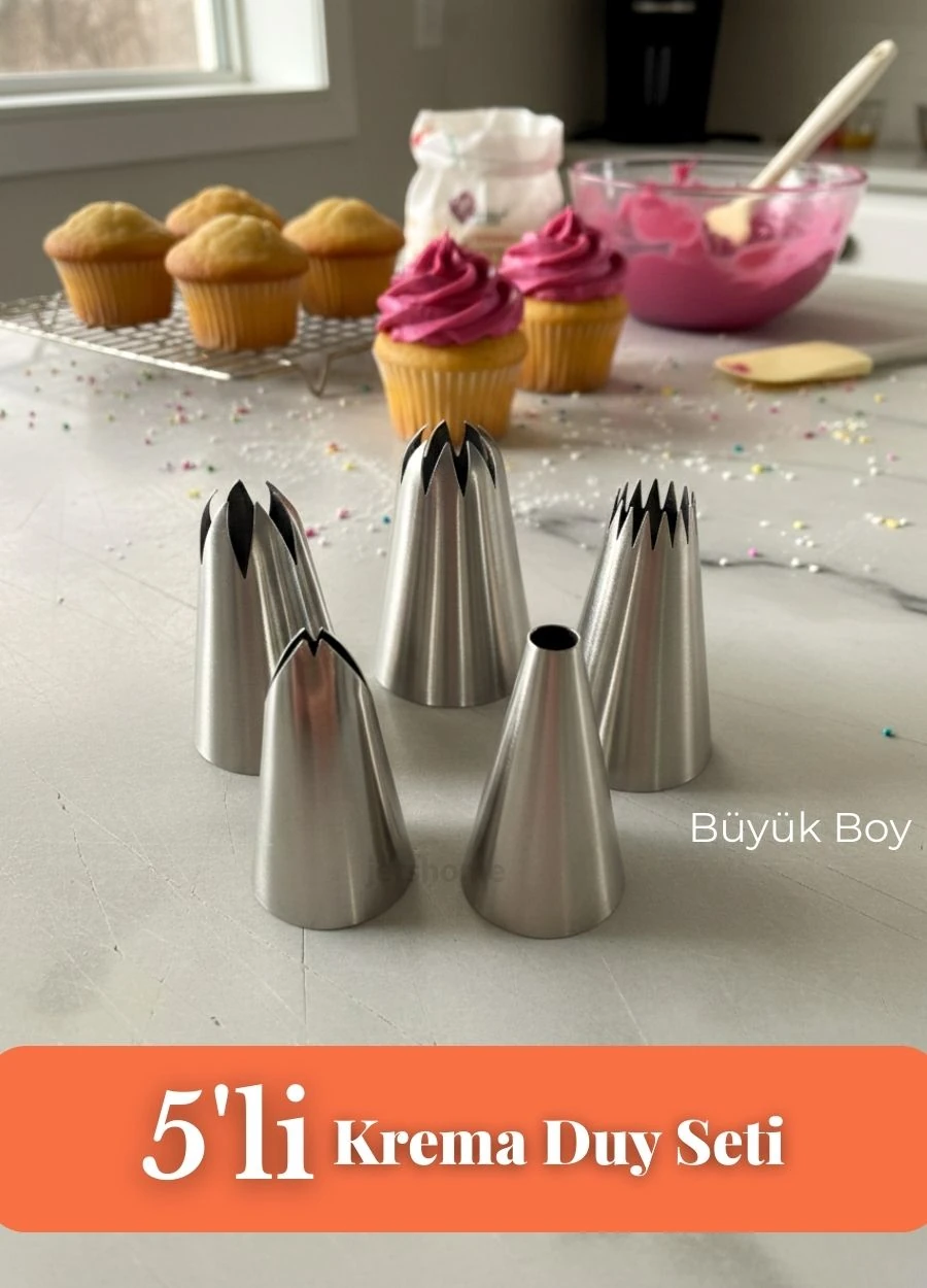 Büyük Boy 5’li Krema Duy Seti Paslanmaz Çelik Pasta Cupcake ve Tatlı Süsleme Uçları Krema Duyu Set-1
