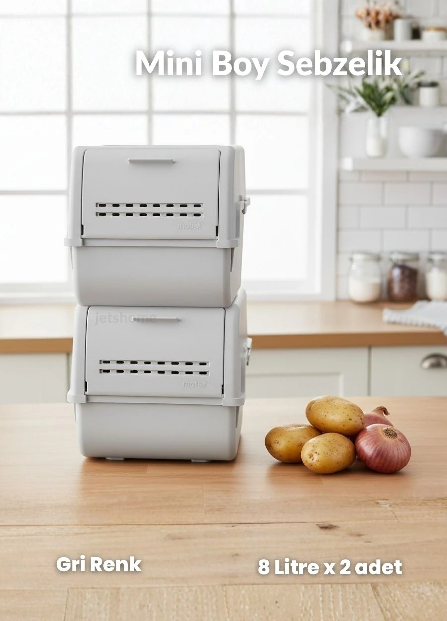 2'li Mini Boy Patates Soğan Sepeti BPA Free Sebzelik Organizer Kutu Motek Gri 8 L