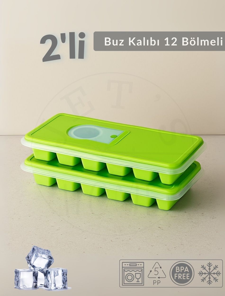2'li Set Buz Kalıbı 12 Bölmeli Esnek Silikon Buz Küpü BPA FREE Kare Bas Parmak Buzluk 3x3 Yeşil