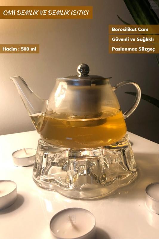 2’li Set Cam Demlik ve Cam Isıtıcı Süzgeçli Demlik 500 ml Bitki Çayı Demliği Borasilikat