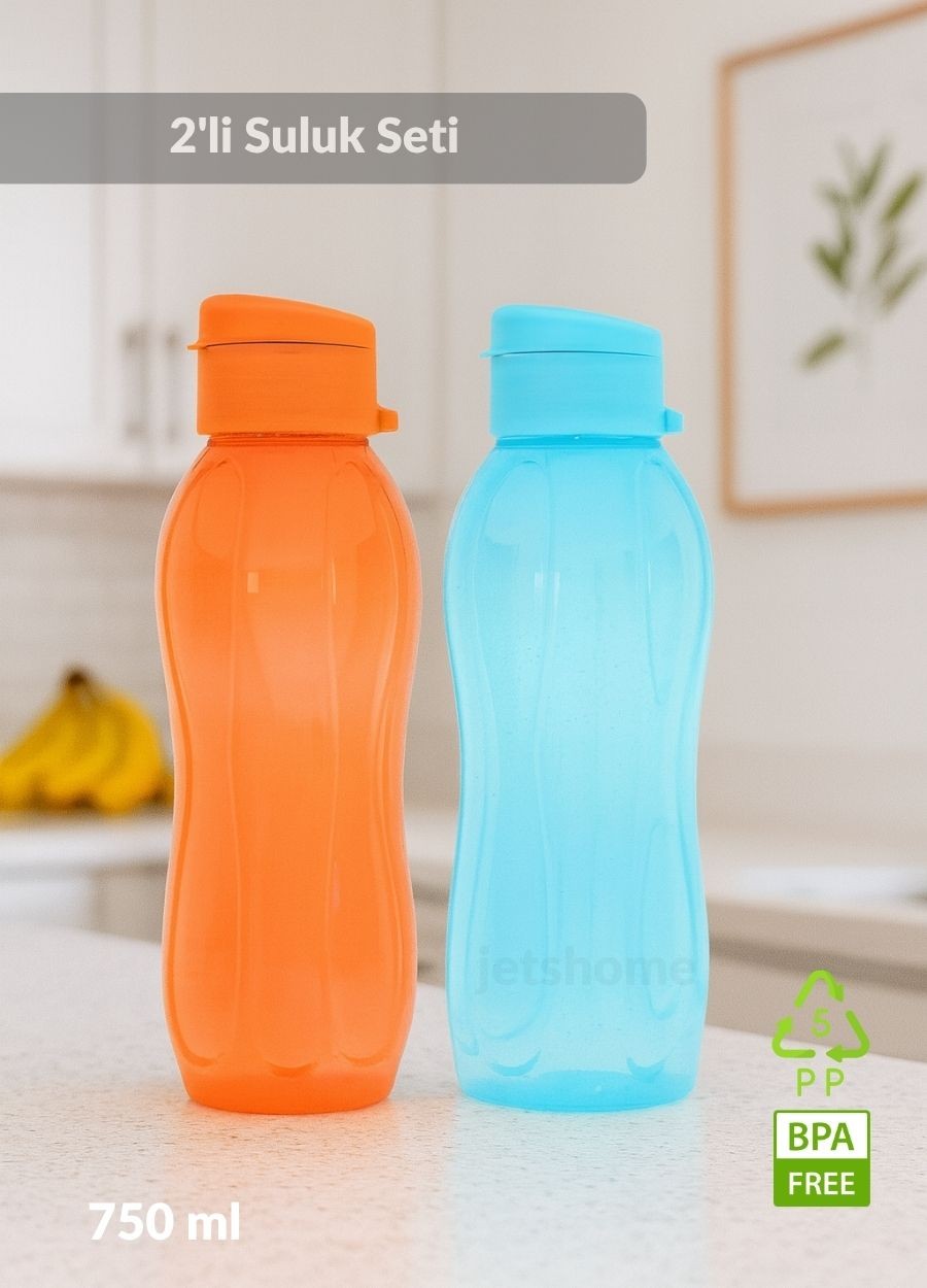 2’li Okul Matarası Seti BPA FREE Öğrenci Suluğu Kokusuz Suluk Mavi Turuncu 750 ml