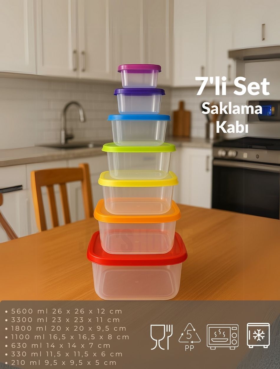 7'li Kare Erzak Gıda Saklama Seti BPA Free Saklama Kabı Yiyecek Saklama Seti