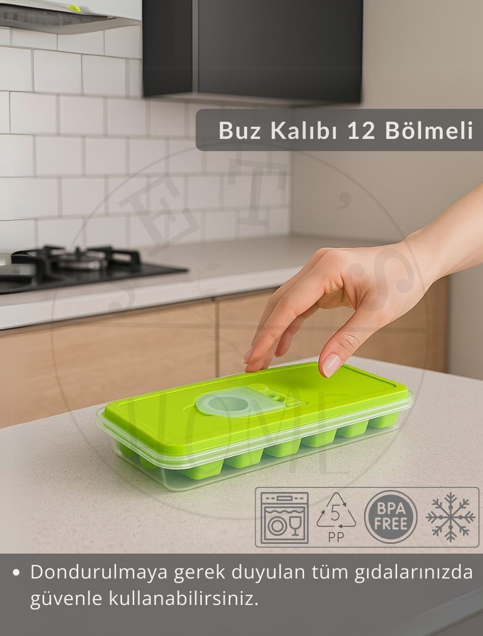12 Bölmeli Buz Kalıbı Esnek Silikon Buz Küpü BPA FREE Kare Bas Parmak Buzluk 3x3 Yeşil