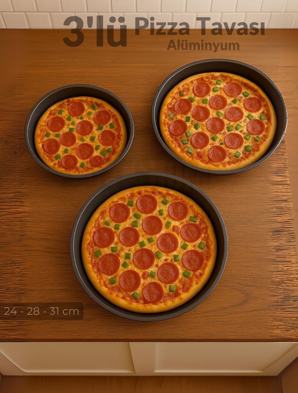3'lü Pizza Tavası Seti Alüminyum Pizza Tepsisi Yapışmaz Lahmacun Pide Tavası