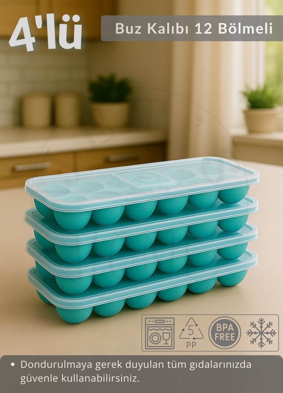 4'lü Set Buz Kalıbı 12 Bölmeli Esnek Silikon Buz Küpü BPA FREE Kare Bas Parmak Buzluk Çapı 3,5 cm Mavi