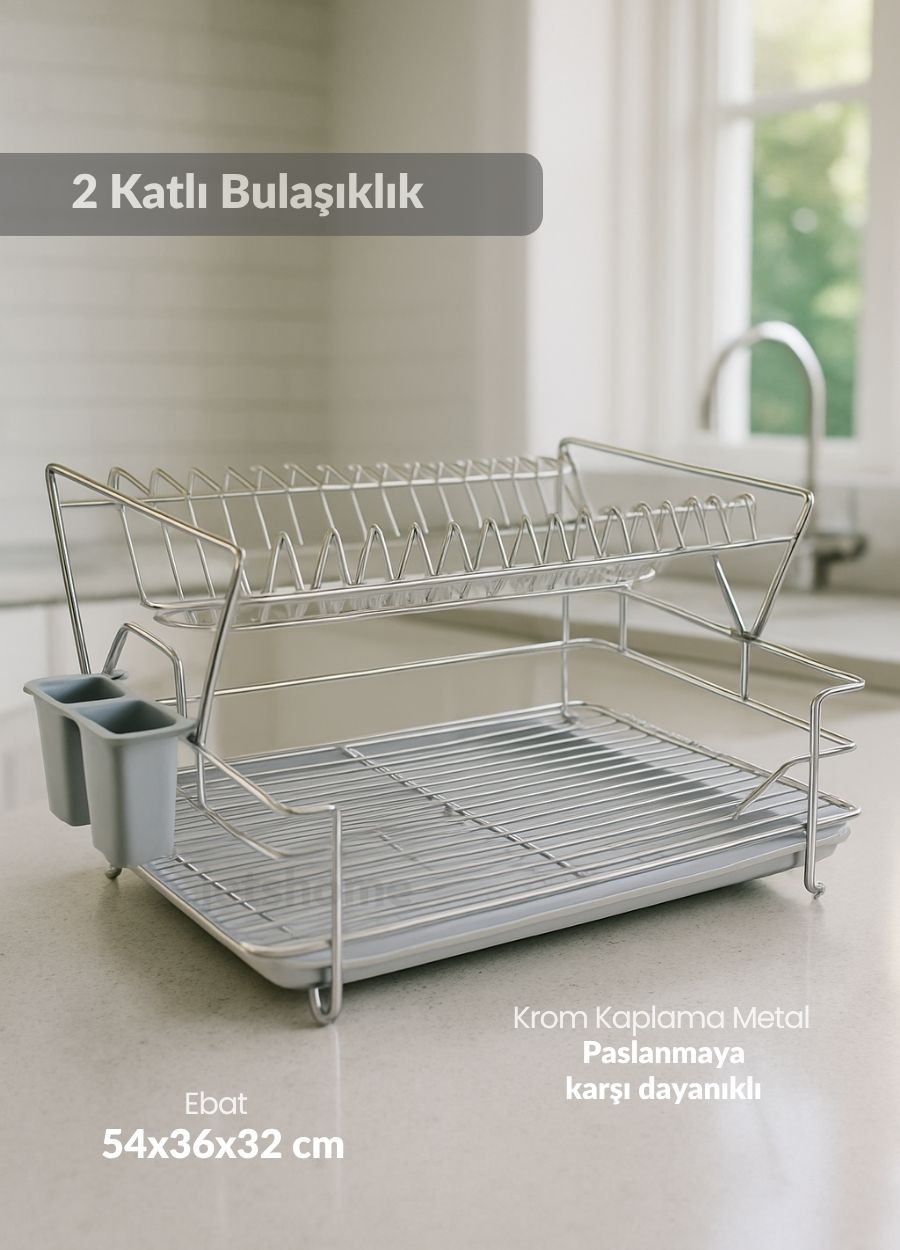 2 Katlı Bulaşıklık Çelik Tezgah Üstü Tabaklık BPA FREE Bulaşık Sepeti Kurutmalık Gri
