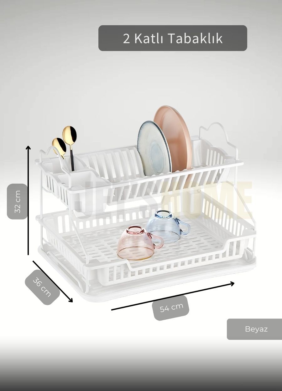 2 Katlı Bulaşıklık Paslanmaz Tezgah Üstü Tabaklık BPA FREE Bulaşık Sepeti Kurutmalık Beyaz