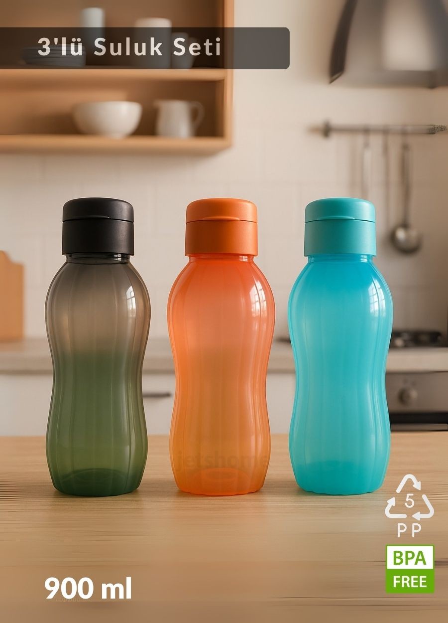 Suluk 3'lü Set Su Şişesi BPA Free Okul Suluğu PP-5 Suluk Spor Okul Ofis Suluğu Siyah-Turuncu-Mavi 900 ml