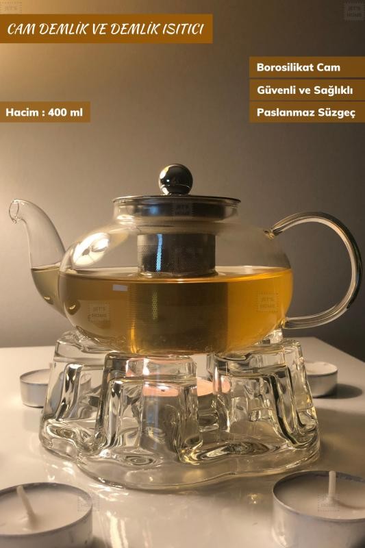 2’li Set Cam Demlik ve Cam Isıtıcı Süzgeçli Demlik 400 ml Bitki Çayı Demliği Borasilikat