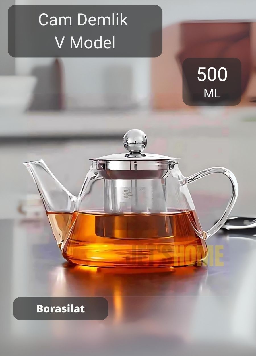 Cam Demlik V Model Bitki Çayı Demliği Çelik Süzgeçli Isıya Dayanıklı Borosilikat 500 ml