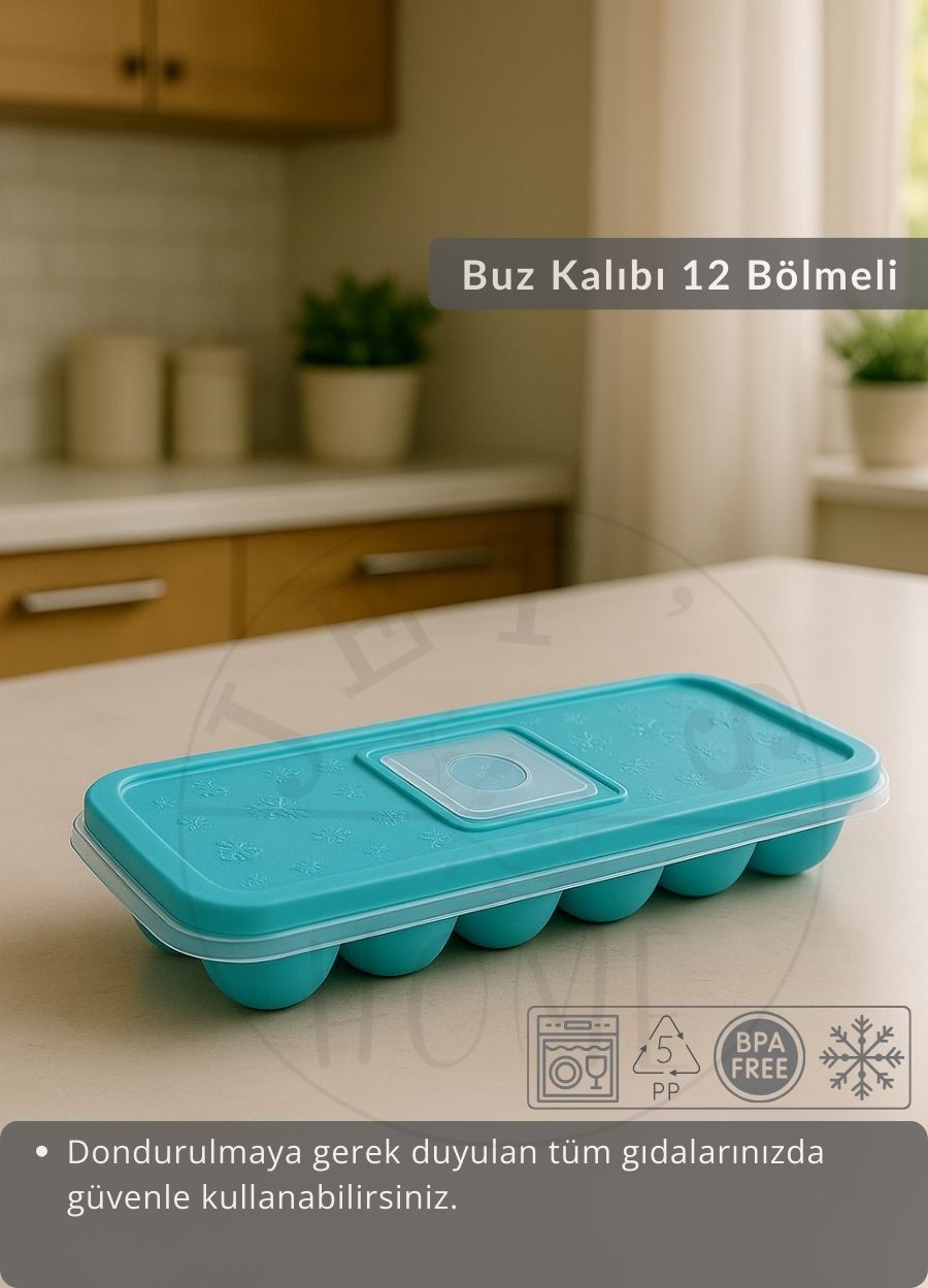 12 Bölmeli Buz Kalıbı Esnek Silikon Buz Küpü BPA FREE Kare Bas Parmak Buzluk Çapı 3,5 cm Mavi