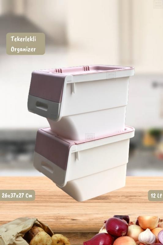2’li Tekerlekli Patateslik Soğanlık Erzak Kutusu Organizer Sebzelik Beyaz-Pembe 24 Lt
