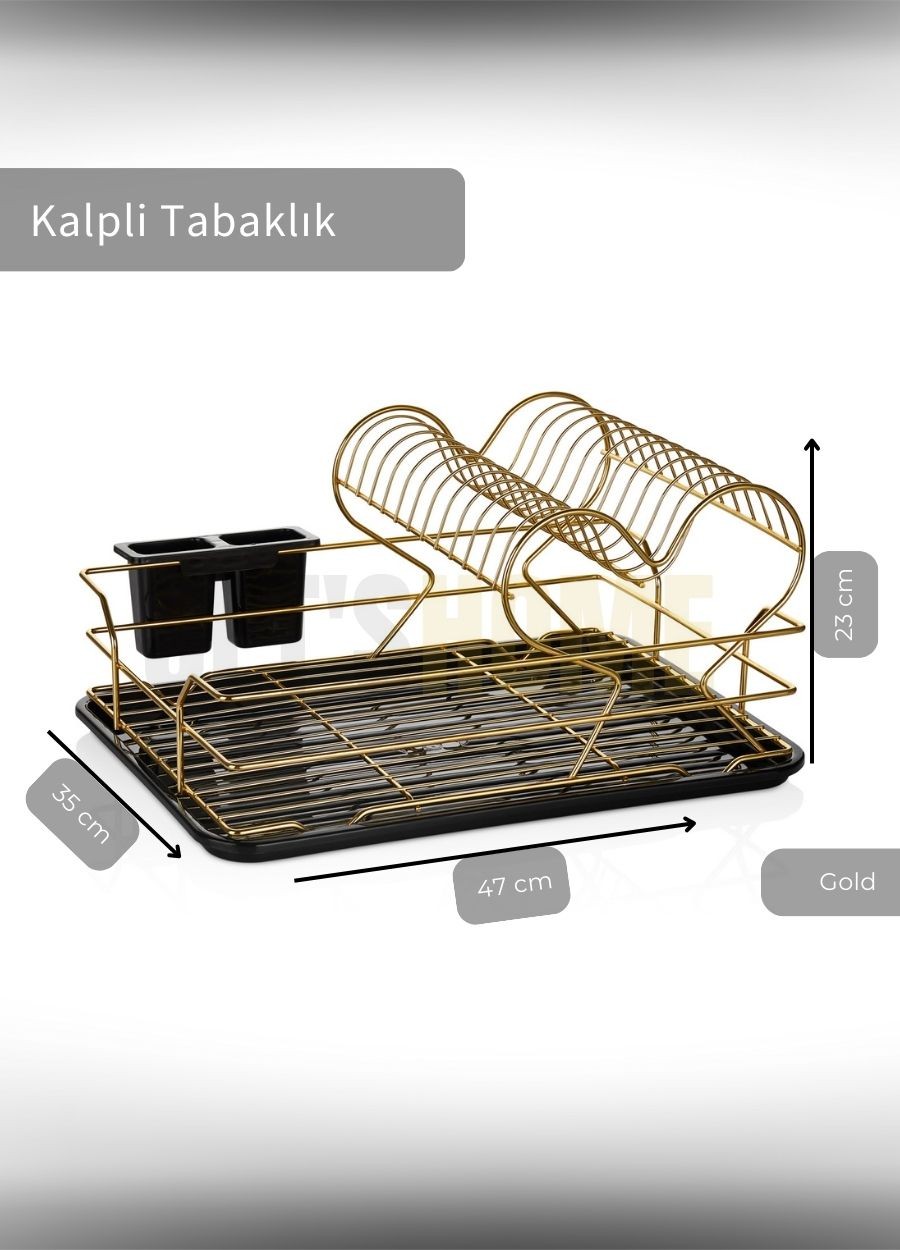 2 Katlı Bulaşıklık Tezgah Üstü Tabaklık BPA FREE Bulaşık Sepeti Kalpli Gold