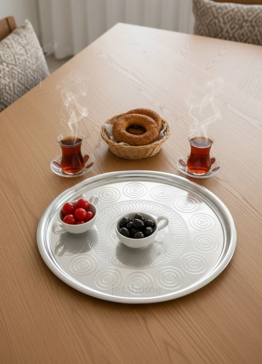 37 cm Paslanmaz Çelik Yemek Sunum Çay Kahve Servis Tepsisi Sini No:40