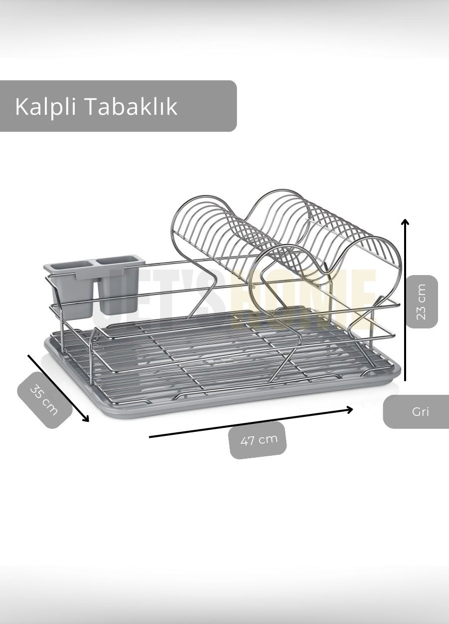 2 Katlı Bulaşıklık Tezgah Üstü Tabaklık BPA FREE Bulaşık Sepeti Kalpli Gri