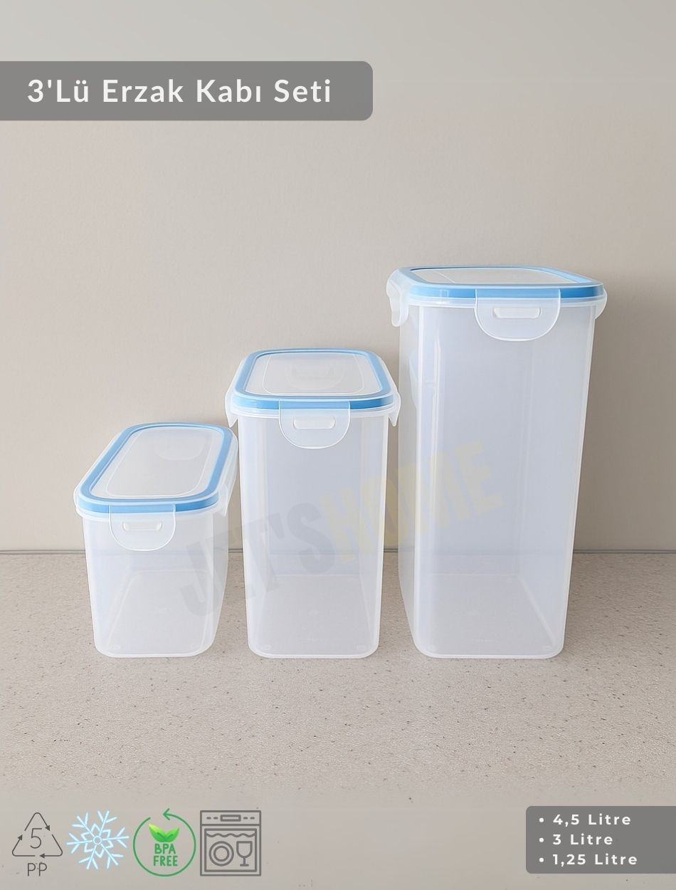 3'Lü Erzak Kabı Seti Kilitlenebilir Saklama Kabı Hava Almaz Bakliyat Kabı Bpa Free