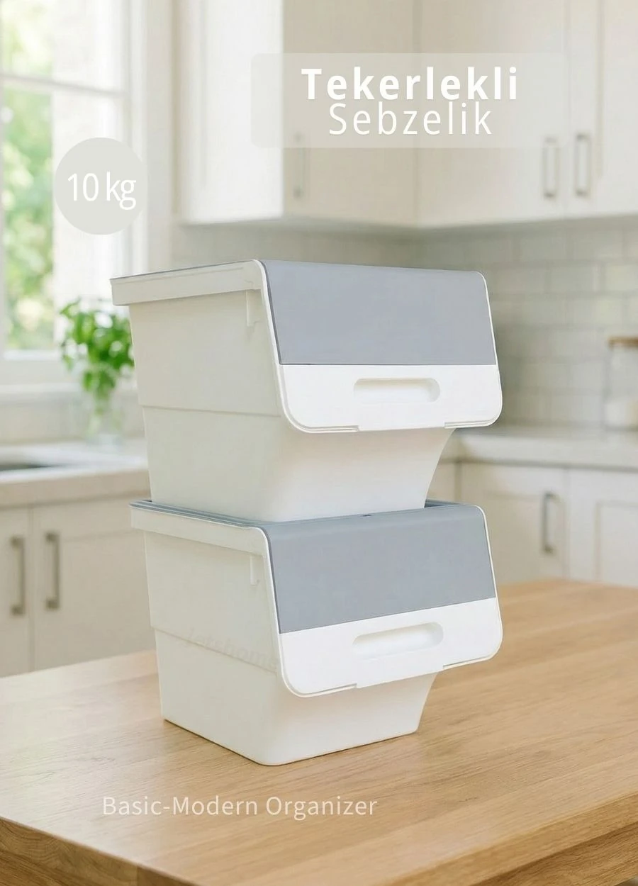 2’li Gri-Beyaz Tekerlekli Patates Soğan Sepeti 24 Lt – BPA’sız Sebzelik Organizer