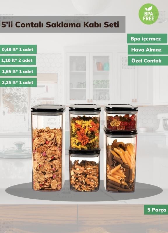 5’li Saklama Kabı Seti BPA Free Sızdırmaz Erzak Kabı Hava Almaz Bakliyat Kutusu