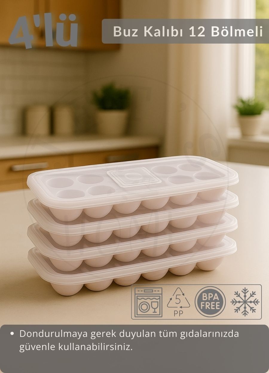 4'lü Set Buz Kalıbı 12 Bölmeli Esnek Silikon Buz Küpü BPA FREE Yuvarlak Bas Parmak Buzluk Çapı 3,5 cm Pembe