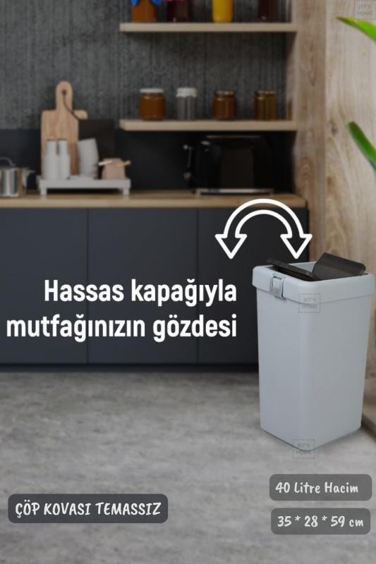 Çöp Kovası Bas Çek Mutfak Banyo Çöp Kutusu Gri 40 Litre