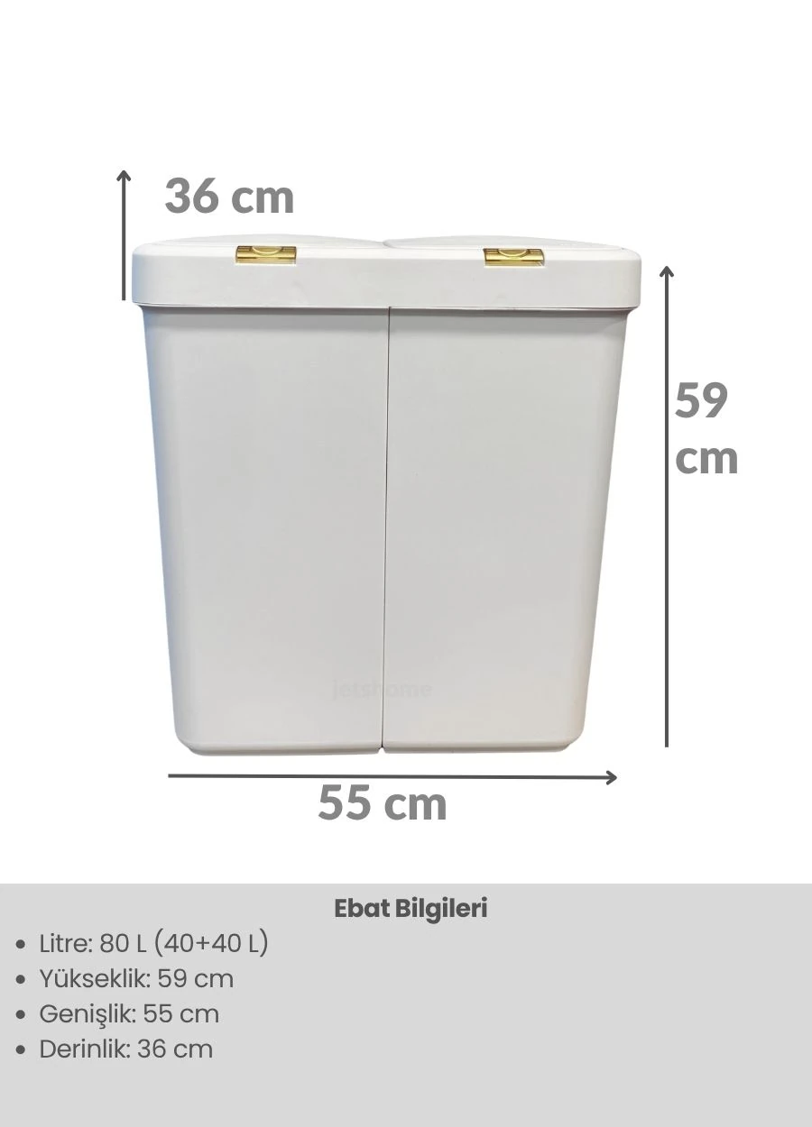 Gold-Beyaz İkili Dokunmatik Çamaşır Sepeti Temizlik Kovası Kirli Sepeti 80 L