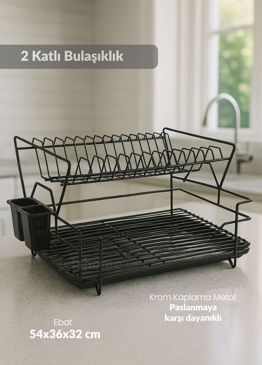 2 Katlı Bulaşıklık Çelik Tezgah Üstü Tabaklık BPA FREE Bulaşık Sepeti Kurutmalık Siyah