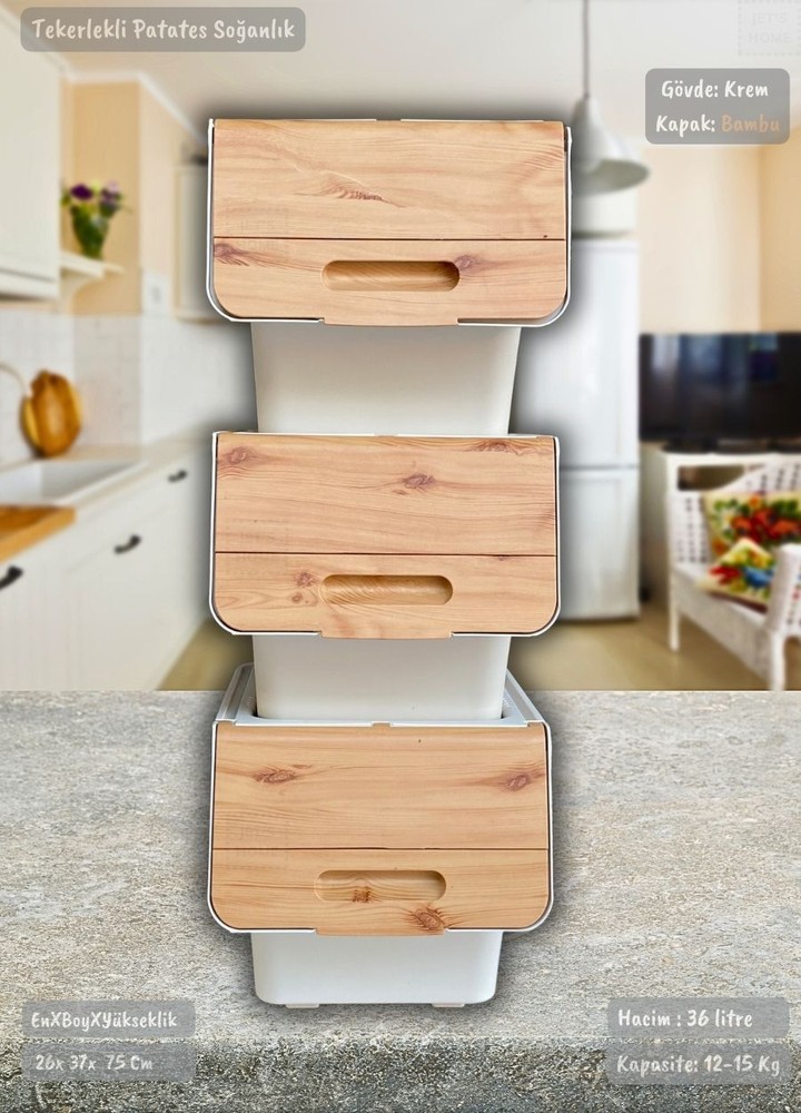 3’lü Tekerlekli Patateslik Soğanlık BPA Free Erzak Kutusu Sebzelik Oyuncaklık Bambu Desen 36 Lt