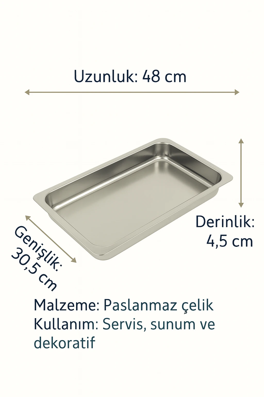 Paslanmaz Çelik Meze Küveti 430 Kalite Dayanıklı Çelik Tabak 48x30,5x4,5 cm