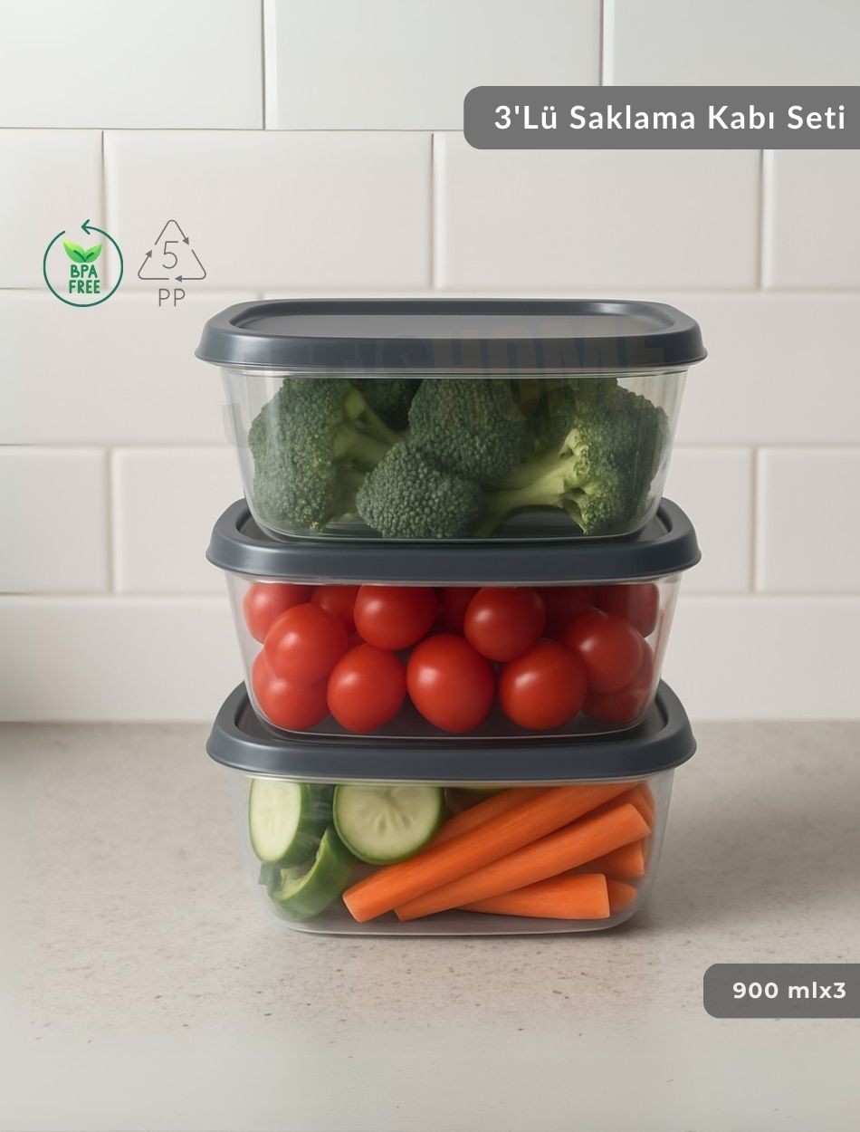 3'lü Saklama Kabı Seti Kare Erzak Kabı Bpa Free Derin Dondurucu için Uygun 900 ml
