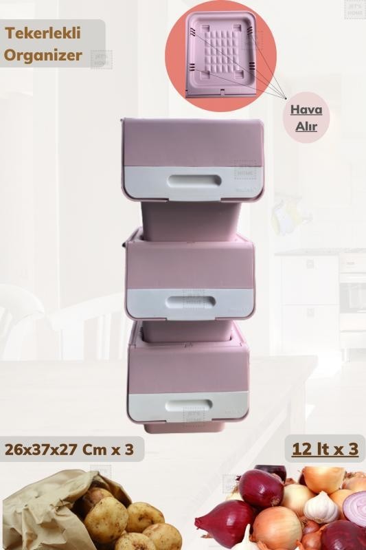 3'lü Tekerlekli Sebzelik BPA Free Soğanlık Oyuncaklık Organizer Beyaz Pembe 36 Lt
