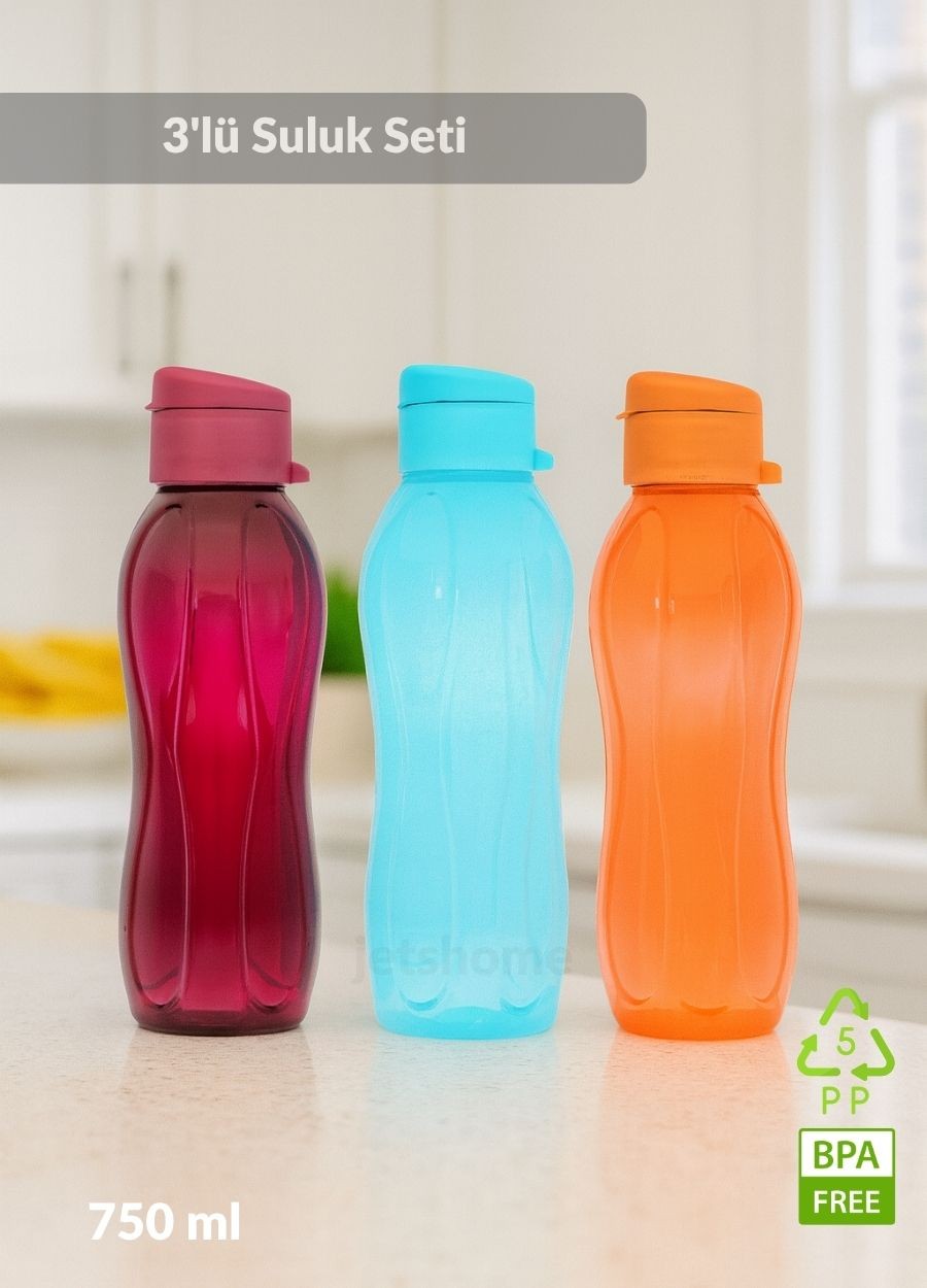 3’lü Set Matara Okul Suluğu Kapaklı Plastik Su Şişesi 750 ml